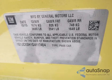 2016 Chevrolet Sonic Lt Auto z USA, uszkodzony, nr VIN 1G1JC6SH1G4117454